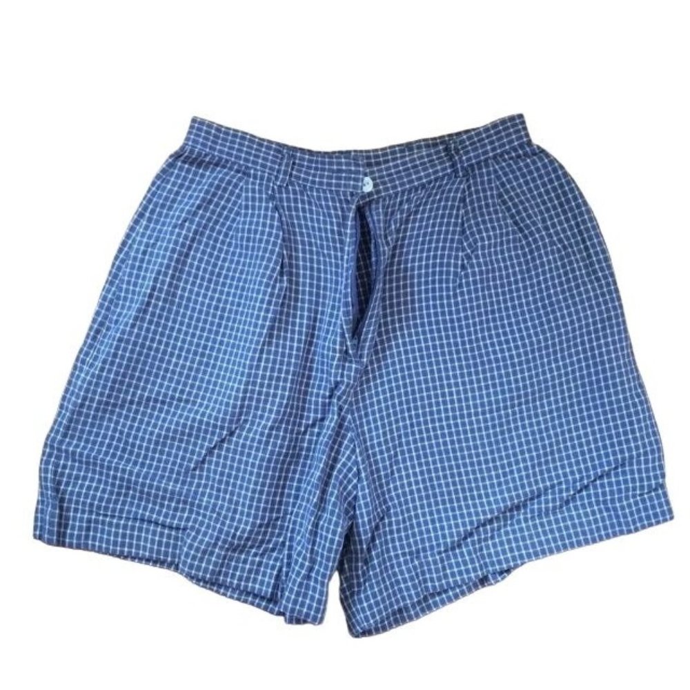 Blue Windowpane Plaid Shorts Ladies Mens Unisex White Retro